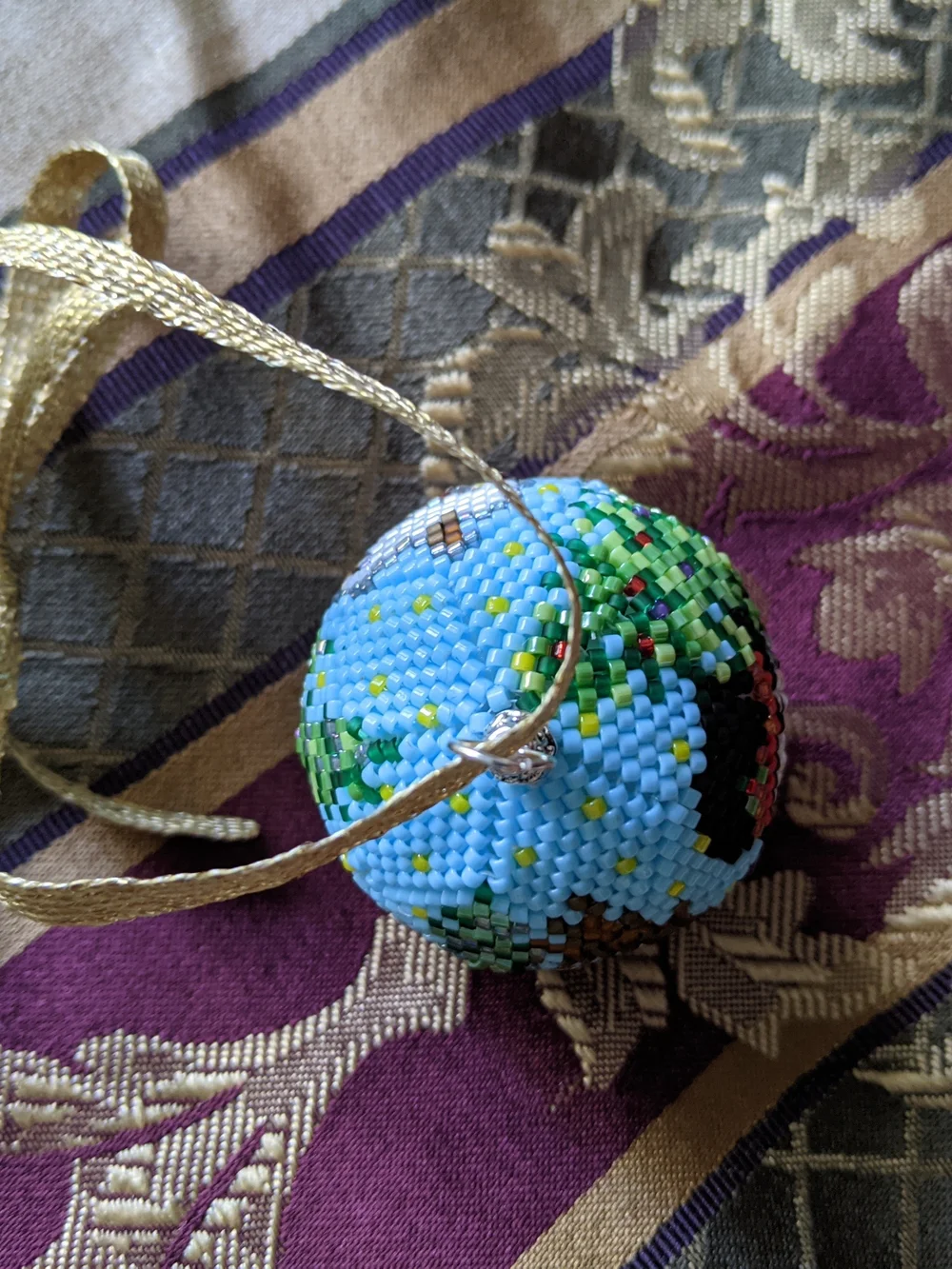 Handcrafted Beaded Snowman Ornament - Blue, Green, Red